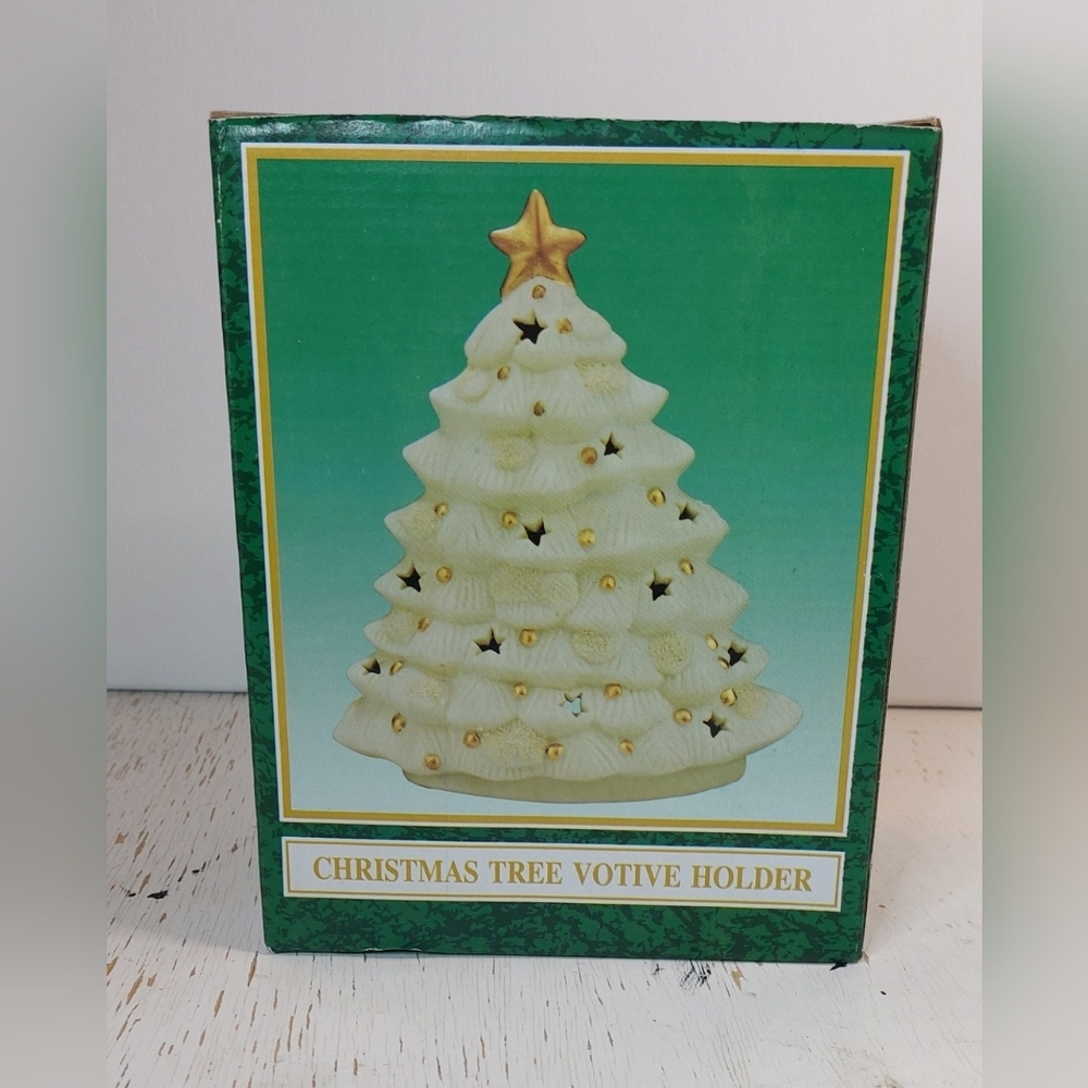 Vintage Matte Ceramic Christmas Tree Votive Holder White w Gold Star Decoration - Picture 2 of 11